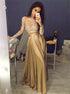 Two Piece Scoop Long Sleeves A Line Satin Champagne Prom Dresses LBQ2879